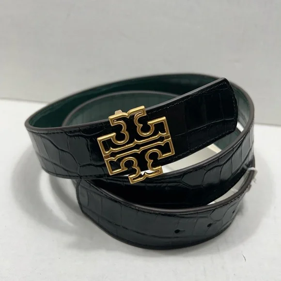 Tory Burch 1.5” Britten Reversible Logo Croc Belt In Black/Green Size: XXL - Picture 1 of 7